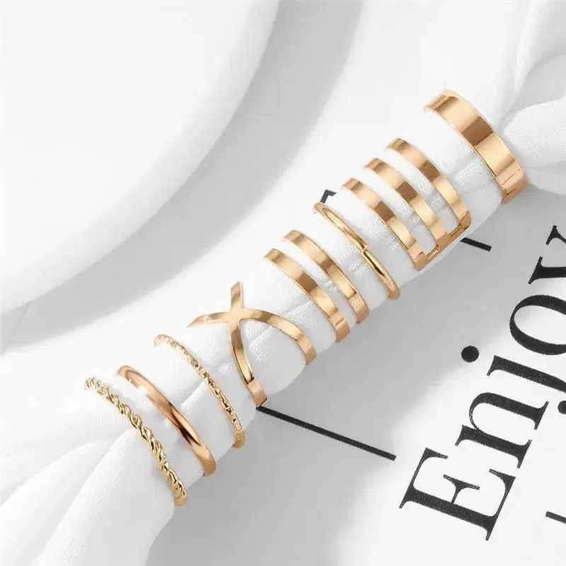 Modern  Gold Color Round Hollow Geometric Rings Set For Women And Girls Fashionable Cross Twist Open Ring Joint Ring Female Jewelry