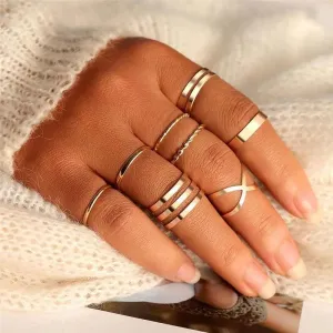 Modern  Gold Color Round Hollow Geometric Rings Set For Women And Girls Fashionable Cross Twist Open Ring Joint Ring Female Jewelry