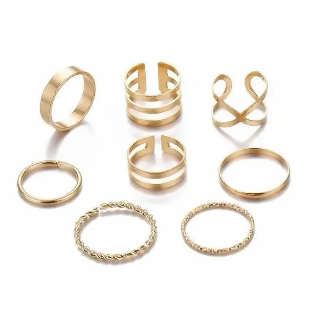 Modern  Gold Color Round Hollow Geometric Rings Set For Women And Girls Fashionable Cross Twist Open Ring Joint Ring Female Jewelry