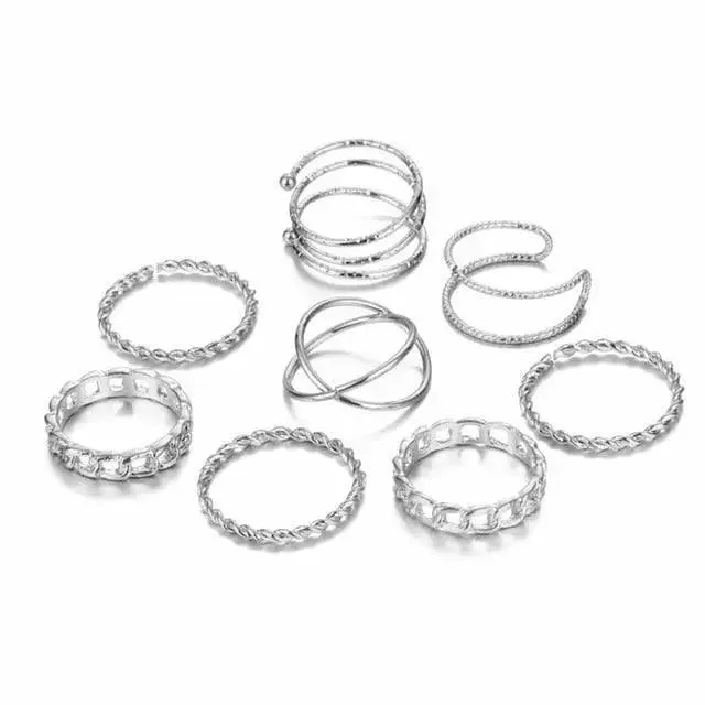 Modern  Gold Color Round Hollow Geometric Rings Set For Women And Girls Fashionable Cross Twist Open Ring Joint Ring Female Jewelry