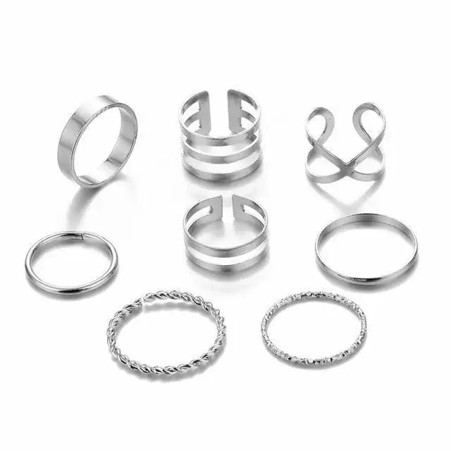 Modern  Gold Color Round Hollow Geometric Rings Set For Women And Girls Fashionable Cross Twist Open Ring Joint Ring Female Jewelry