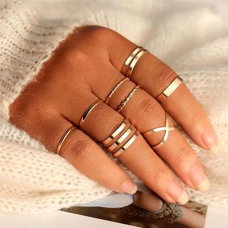 Modern  Gold Color Round Hollow Geometric Rings Set For Women And Girls Fashionable Cross Twist Open Ring Joint Ring Female Jewelry