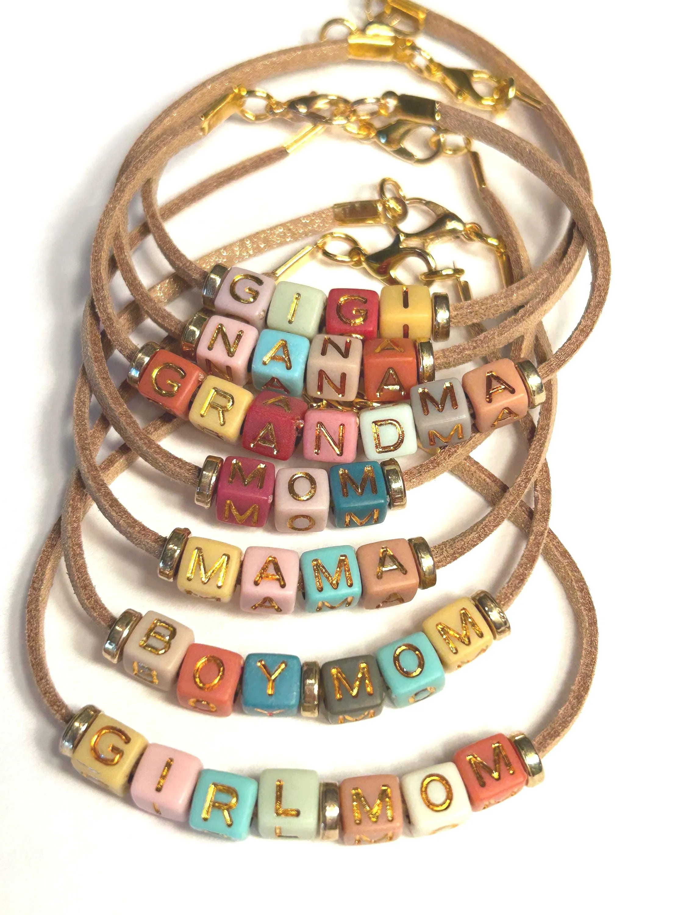 Mother’s Day Jewelry, Mom and Grandma Gift, Leather and Bead Word Bracelets, Alphabet Bead Bracelet