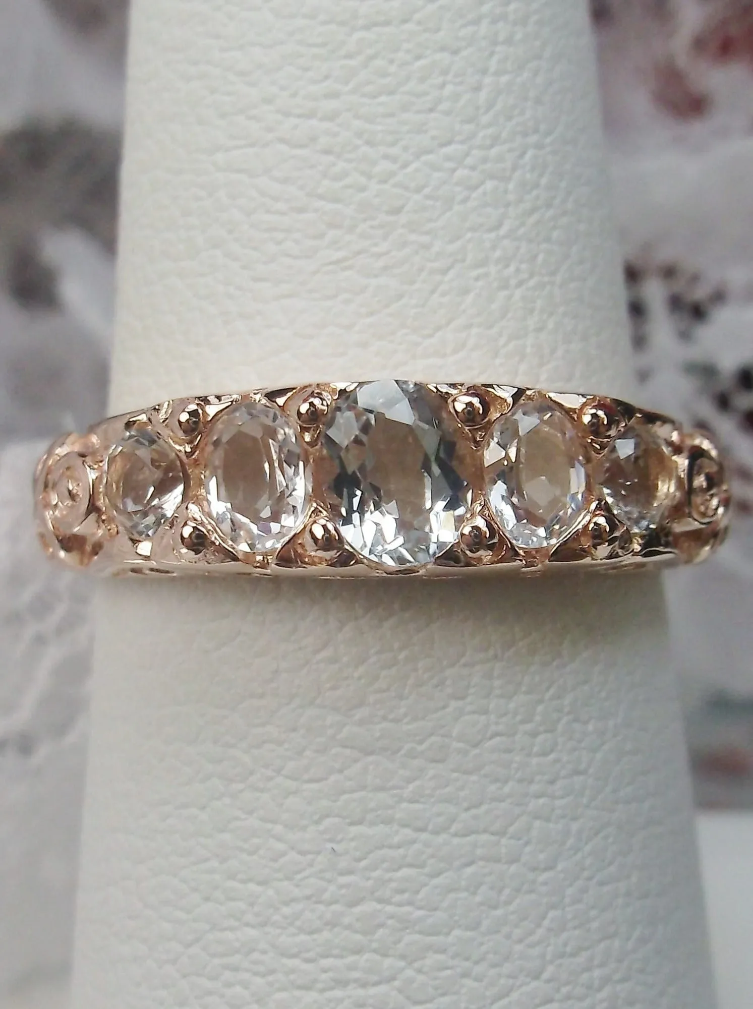Natural White Topaz Ring, Rose Gold, 5-Stone Georgian Victorian Jewelry #D19