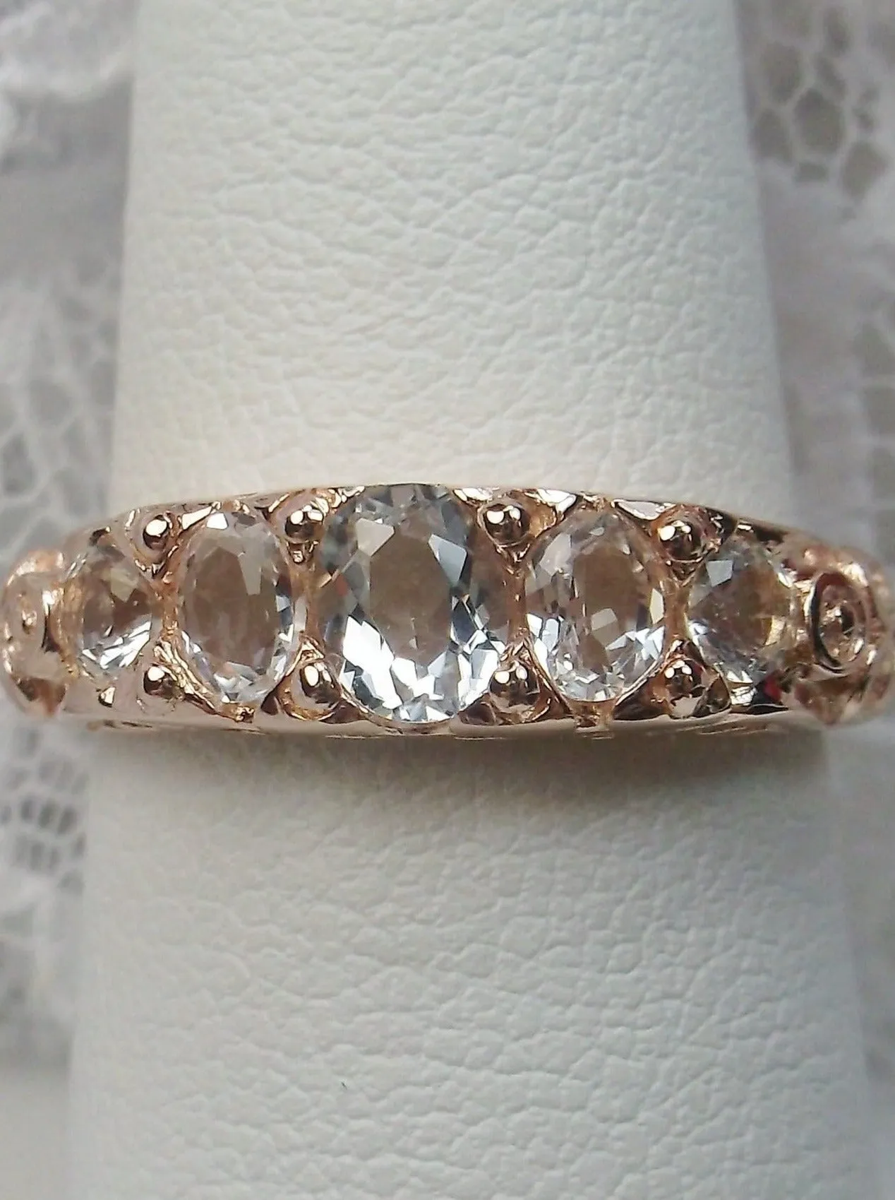 Natural White Topaz Ring, Rose Gold, 5-Stone Georgian Victorian Jewelry #D19