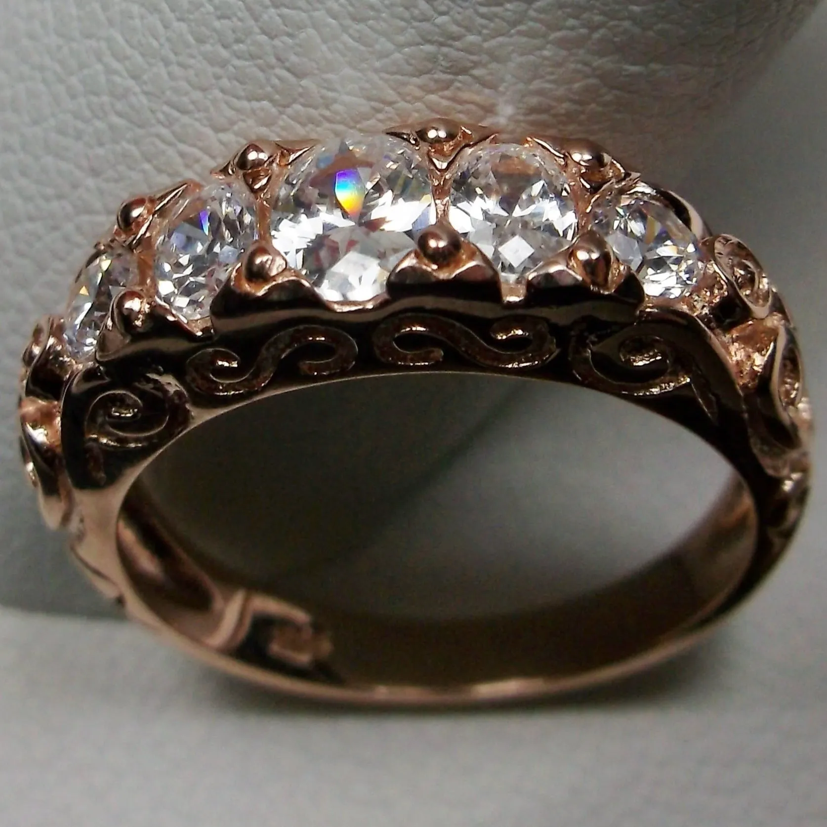 Natural White Topaz Ring, Rose Gold, 5-Stone Georgian Victorian Jewelry #D19