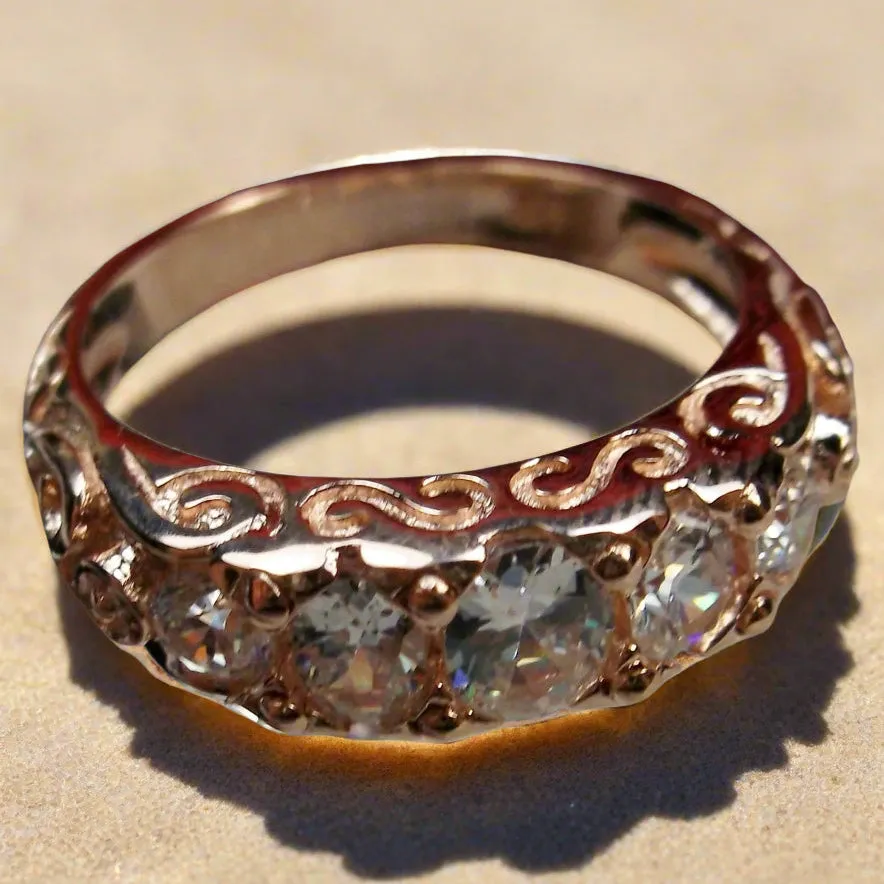 Natural White Topaz Ring, Rose Gold, 5-Stone Georgian Victorian Jewelry #D19