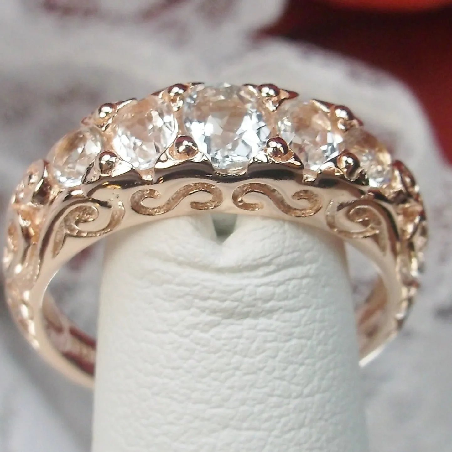Natural White Topaz Ring, Rose Gold, 5-Stone Georgian Victorian Jewelry #D19