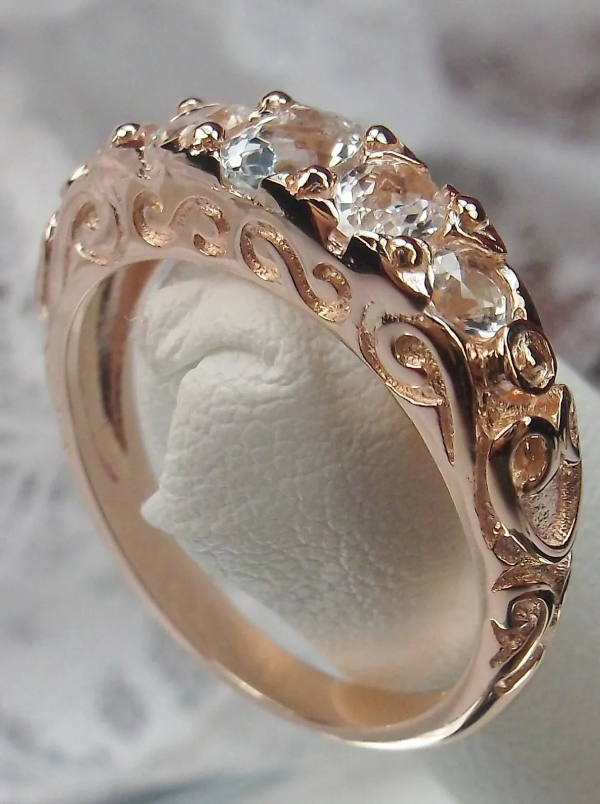 Natural White Topaz Ring, Rose Gold, 5-Stone Georgian Victorian Jewelry #D19