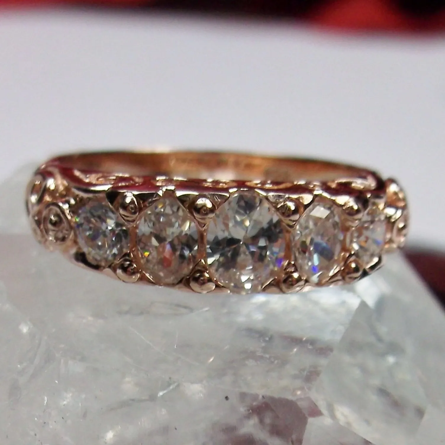 Natural White Topaz Ring, Rose Gold, 5-Stone Georgian Victorian Jewelry #D19