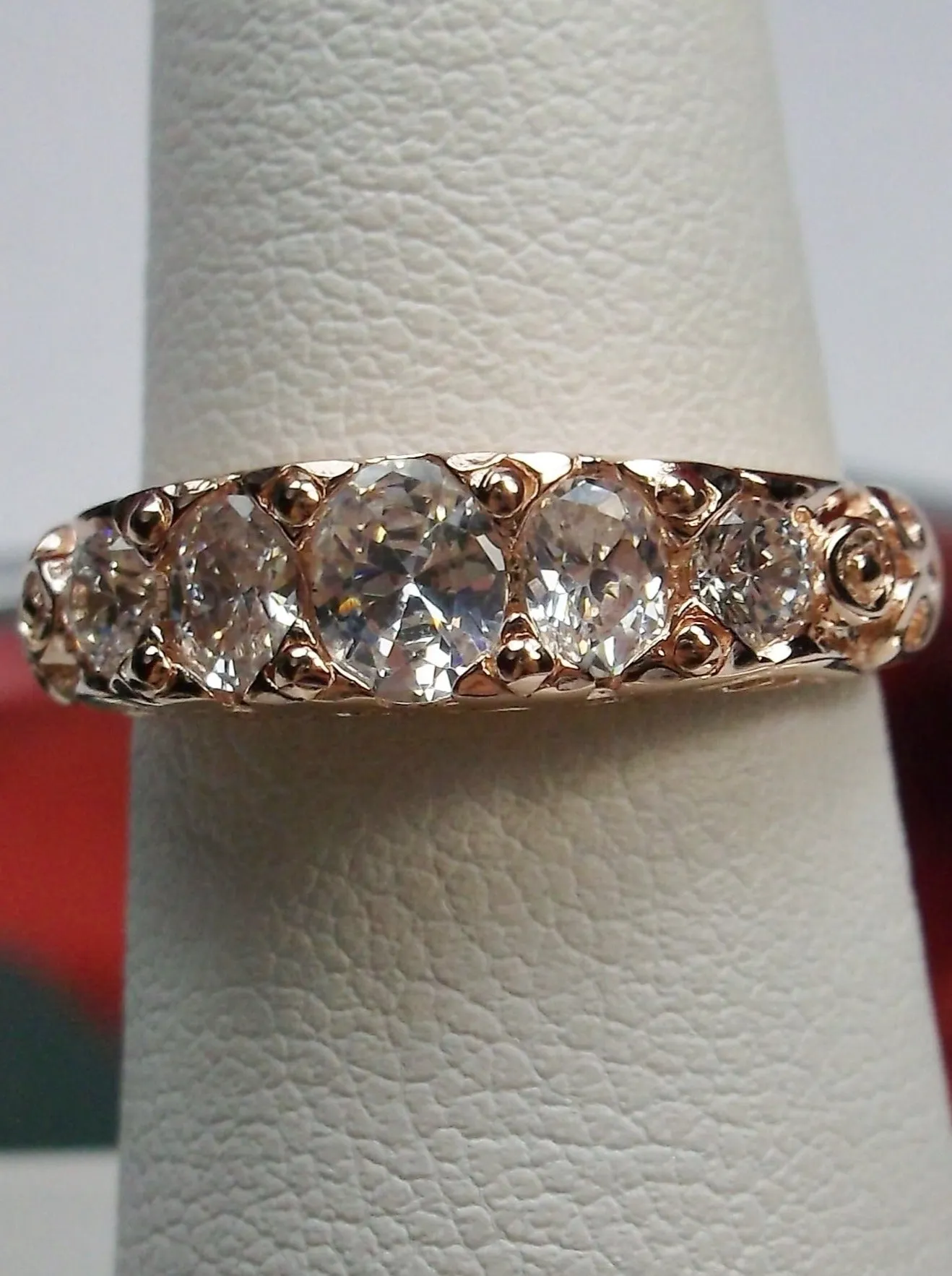 Natural White Topaz Ring, Rose Gold, 5-Stone Georgian Victorian Jewelry #D19