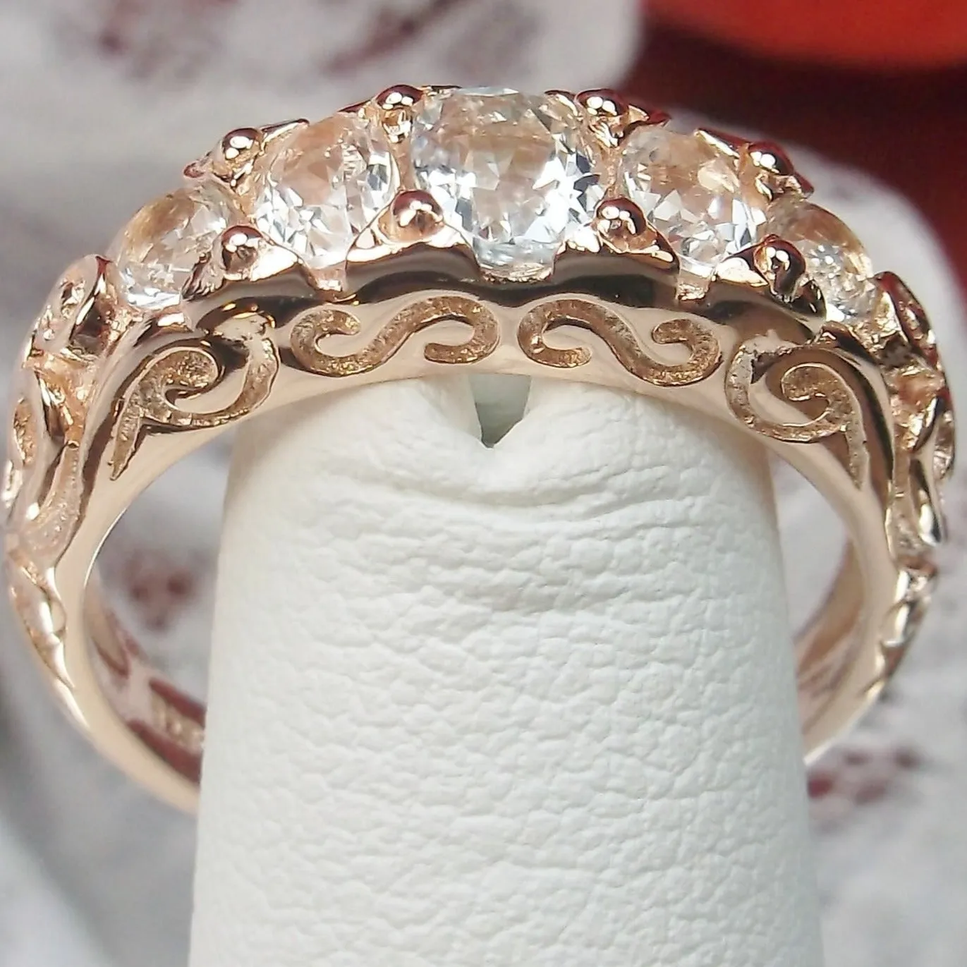 Natural White Topaz Ring, Rose Gold, 5-Stone Georgian Victorian Jewelry #D19