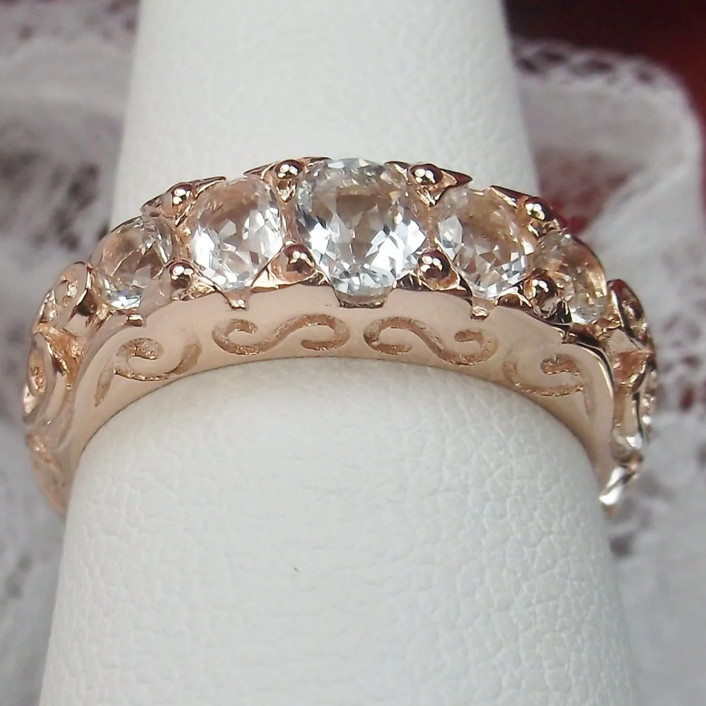 Natural White Topaz Ring, Rose Gold, 5-Stone Georgian Victorian Jewelry #D19