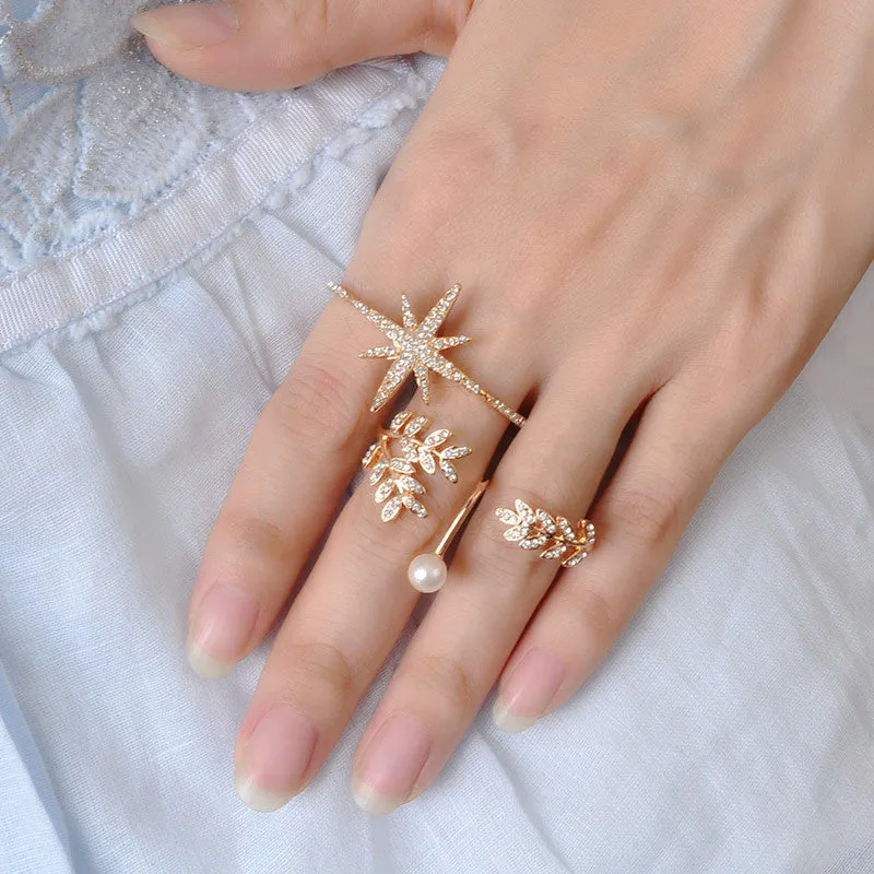 New fashion accessories jewelry full rhinestone pearl star double finger ring set for women girl nice gift