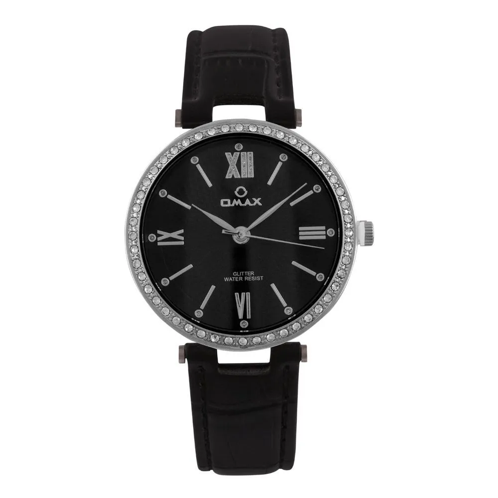 Omax Women's Glitter Round Dial With Black Background & Black Texture Strap Analog Watch, GT001P22I