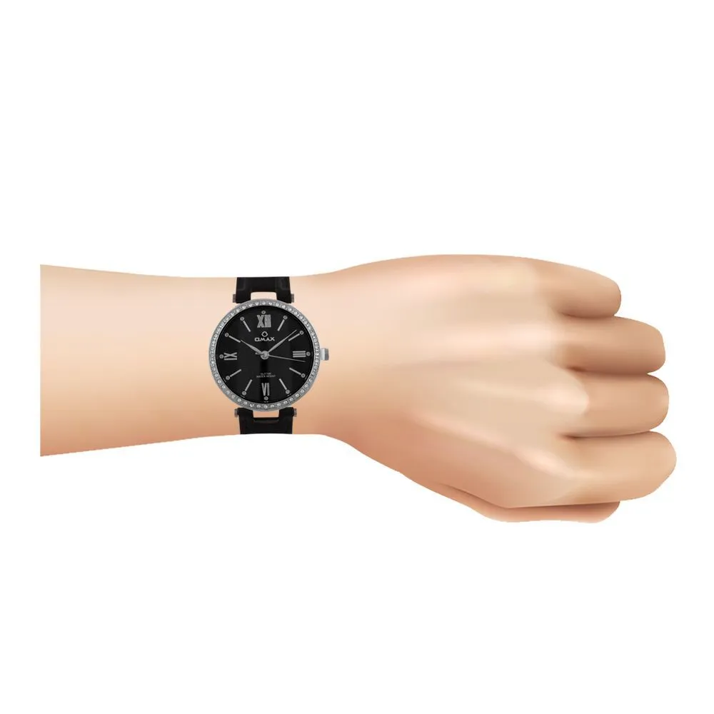 Omax Women's Glitter Round Dial With Black Background & Black Texture Strap Analog Watch, GT001P22I