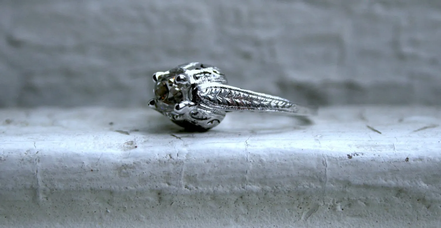 Ornate Antique Platinum Diamond Solitaire Engagement Ring - 0.75ct.