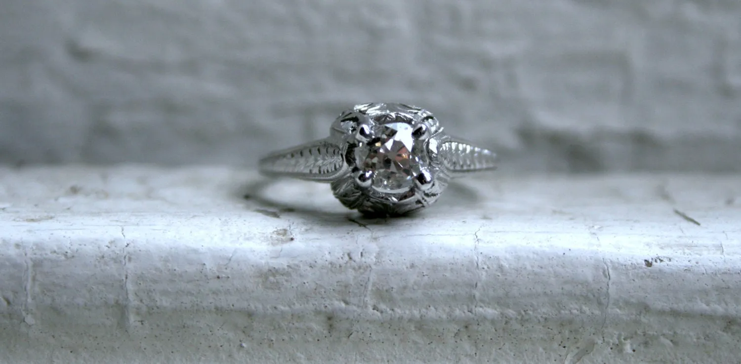 Ornate Antique Platinum Diamond Solitaire Engagement Ring - 0.75ct.