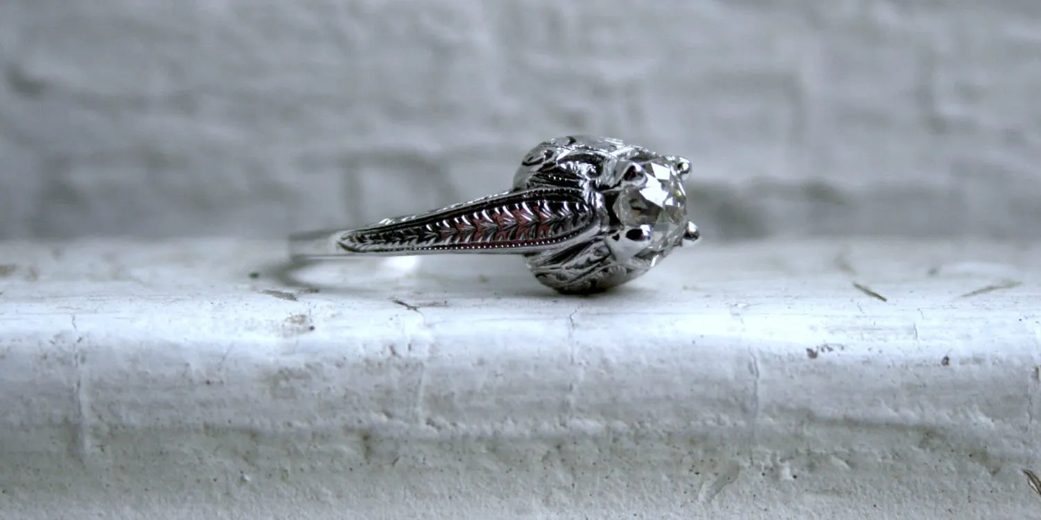 Ornate Antique Platinum Diamond Solitaire Engagement Ring - 0.75ct.