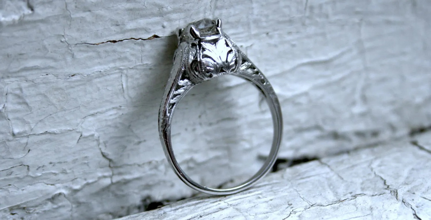 Ornate Antique Platinum Diamond Solitaire Engagement Ring - 0.75ct.