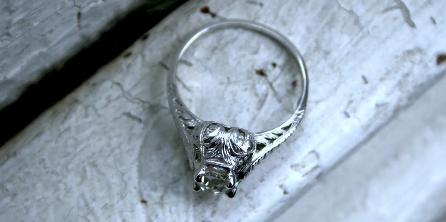 Ornate Antique Platinum Diamond Solitaire Engagement Ring - 0.75ct.