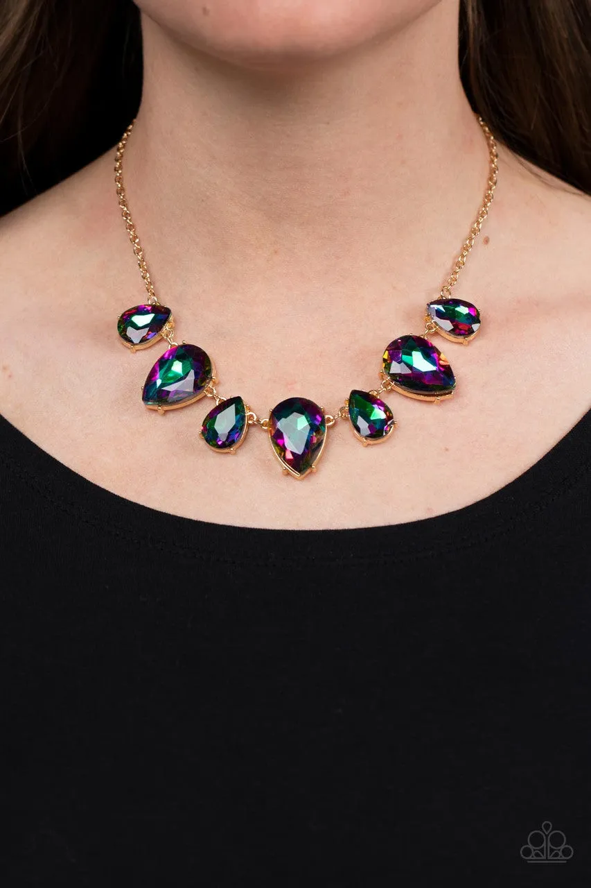 Otherworldly Opulence - Gold - Oil Spill Iridescent Teardrop Gem Paparazzi Short Necklace