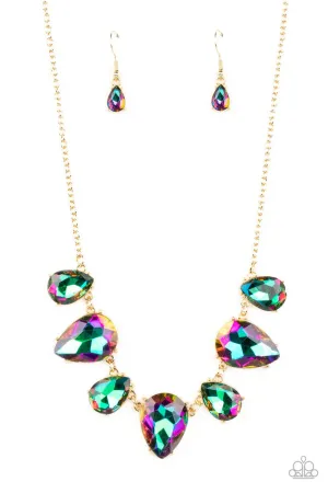 Otherworldly Opulence - Gold - Oil Spill Iridescent Teardrop Gem Paparazzi Short Necklace