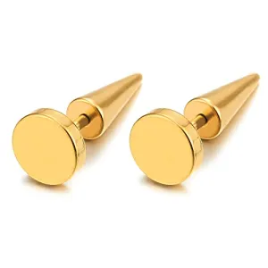 Pair 8MM Gold Color Circle Stud Earrings in Stainless Steel for Men and Women, Spiked Screw Back
