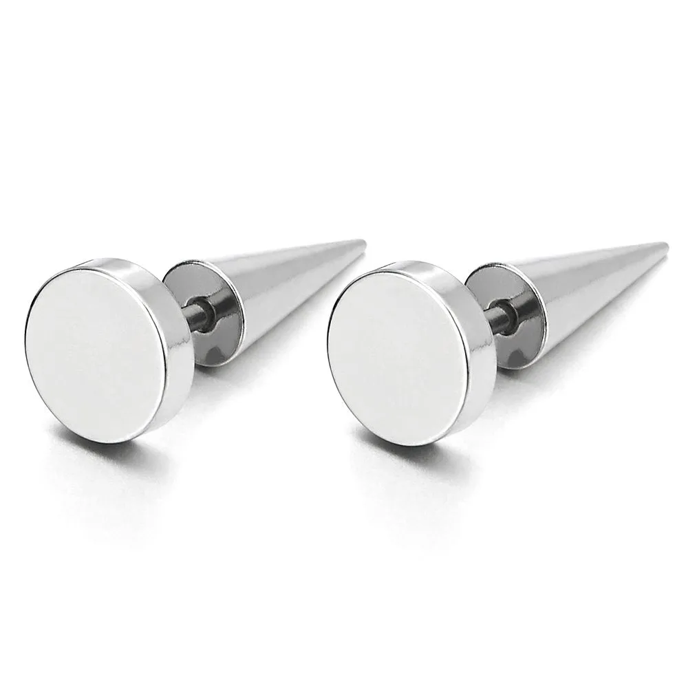 Pair of 8MM Black Circle Stud Earrings in Stainless Steel for Men and Women, Featuring Spiked Screw Back for a Bold, Edgy Look