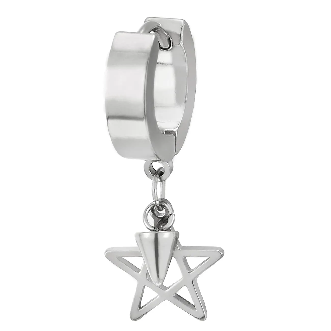 Pair Steel Huggie Hinged Hoop Earrings with Dangling Star Pentagram and Spiked Cone, Mens Women
