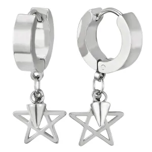 Pair Steel Huggie Hinged Hoop Earrings with Dangling Star Pentagram and Spiked Cone, Mens Women