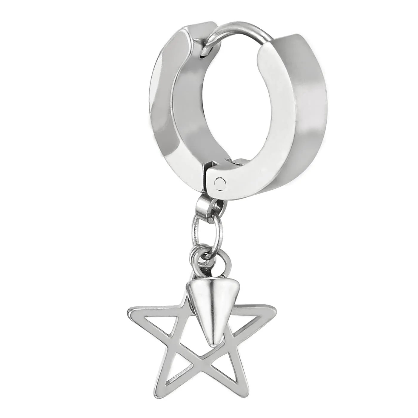 Pair Steel Huggie Hinged Hoop Earrings with Dangling Star Pentagram and Spiked Cone, Mens Women