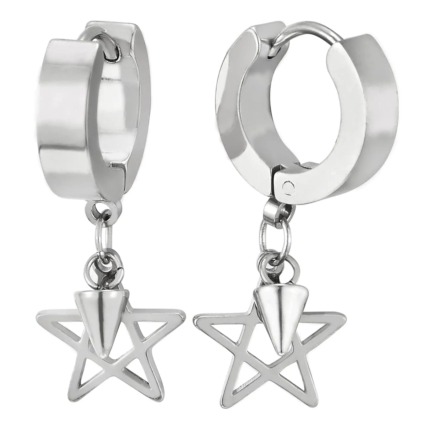 Pair Steel Huggie Hinged Hoop Earrings with Dangling Star Pentagram and Spiked Cone, Mens Women