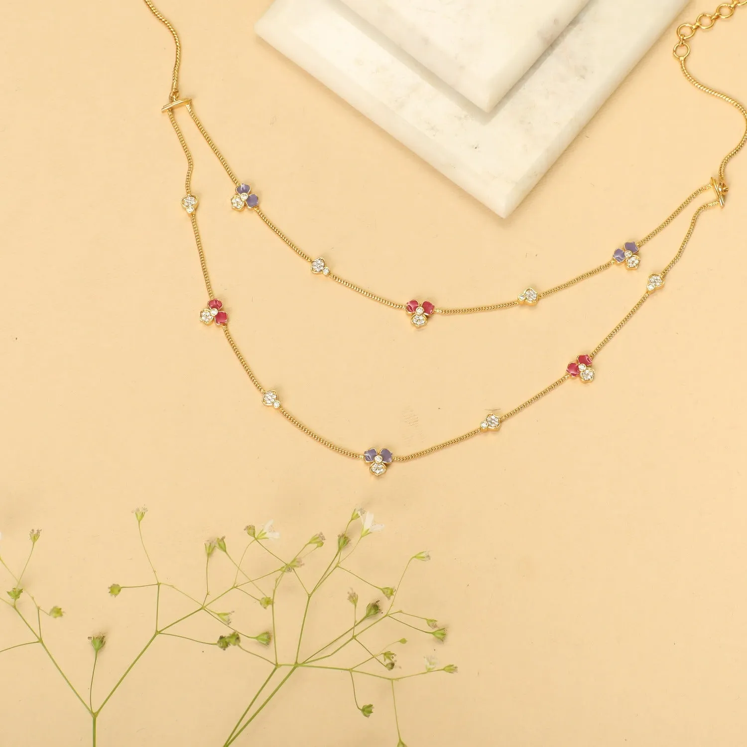 Pansy Floral CZ Statement Two Layer Necklace