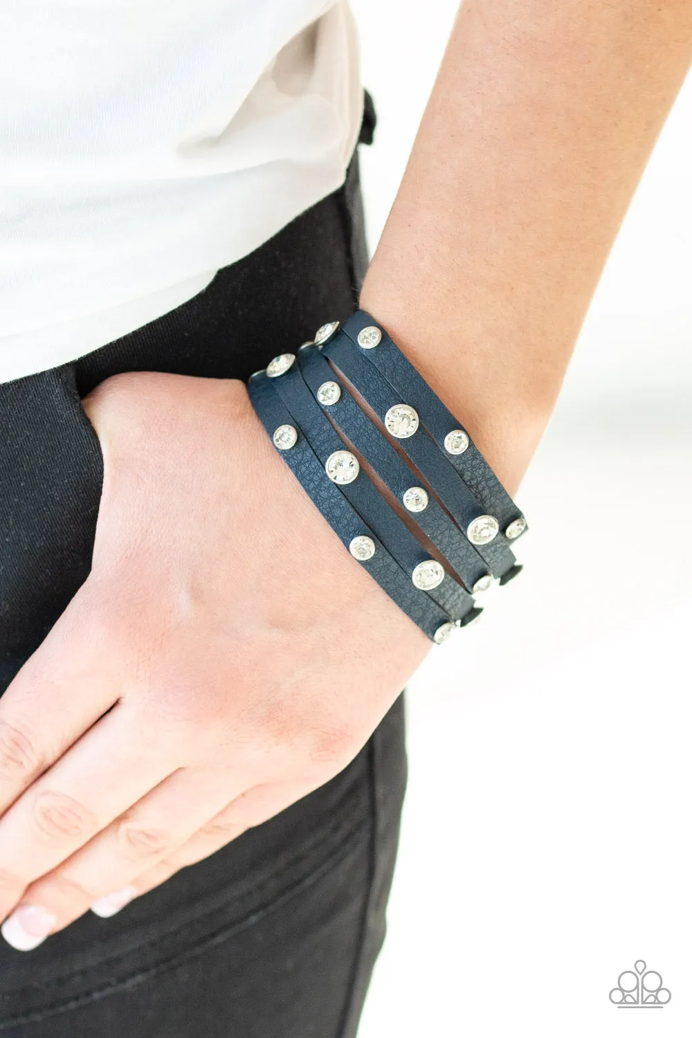 Paparazzi - Rhinestone Reputation - Blue Leather Bracelet