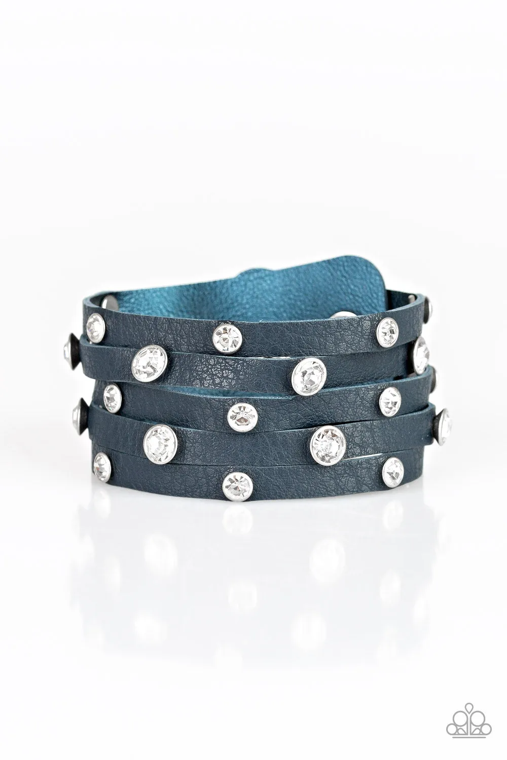 Paparazzi - Rhinestone Reputation - Blue Leather Bracelet