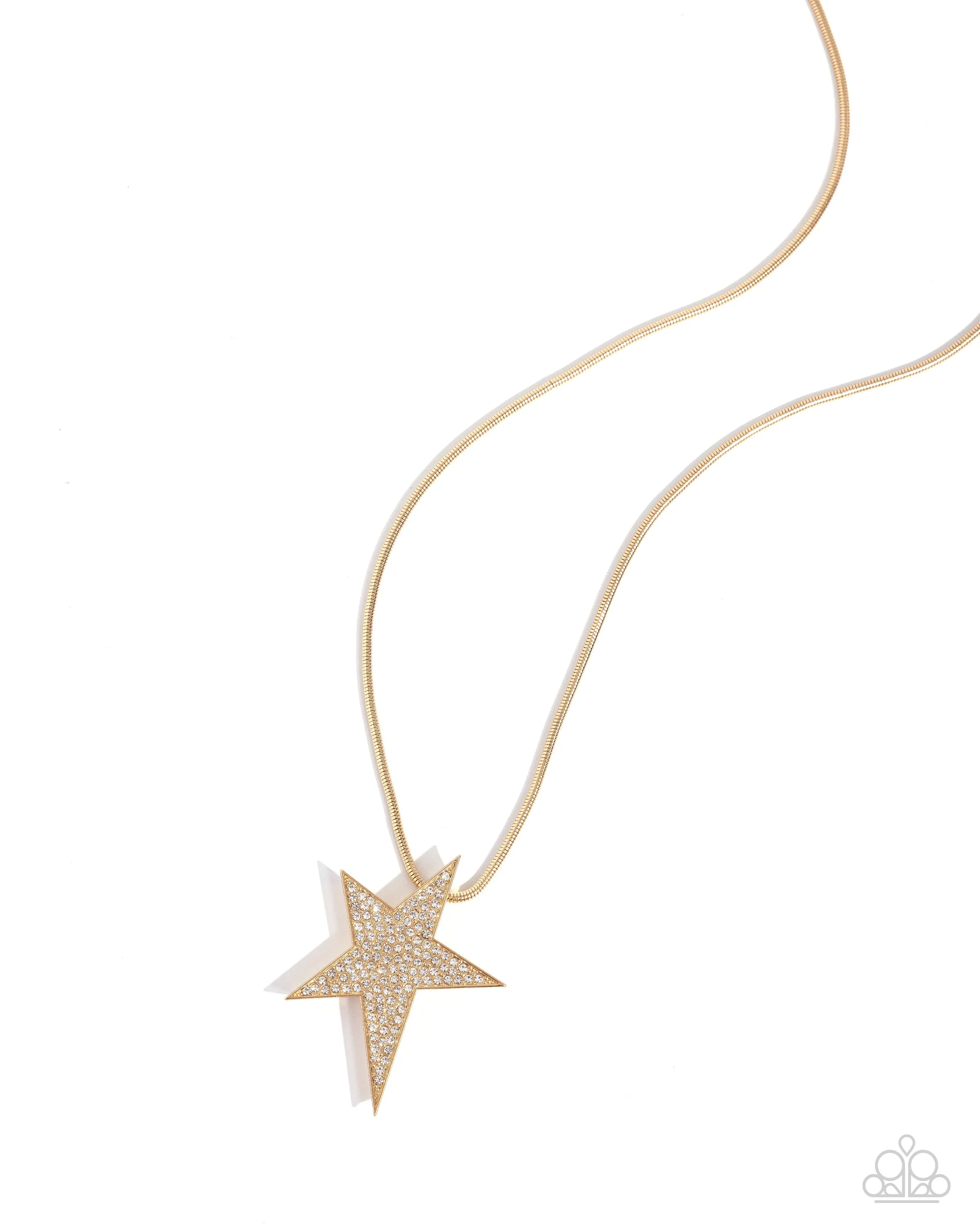 Patriotic Performer - Gold - White Rhinestone Encrusted Asymmetrical Star Paparazzi Long Necklace