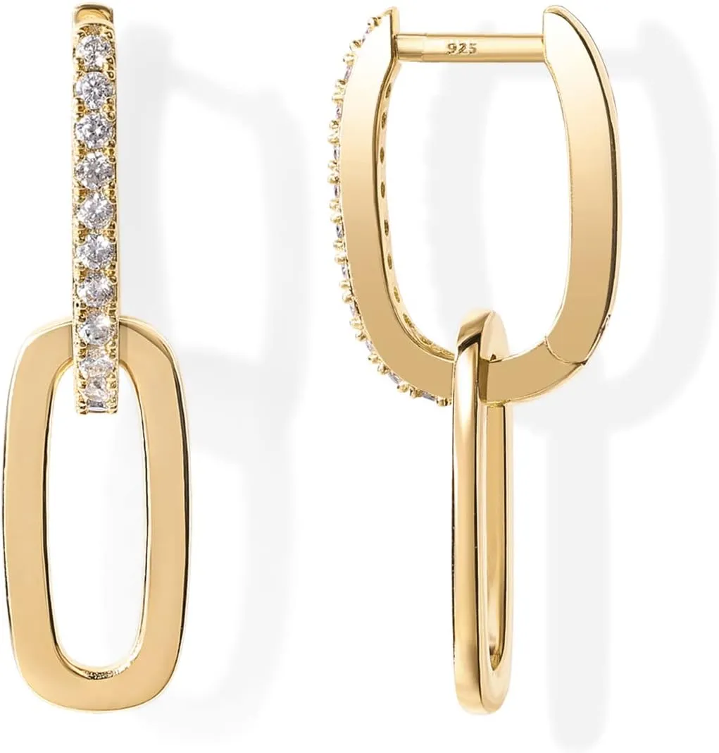 PAVOI 14K Gold Convertible Link Huggie Earrings for Women | Paperclip Link Statement Earrings | Cubic Zirconia Two-Toned Rope Drop Dangle Earrings