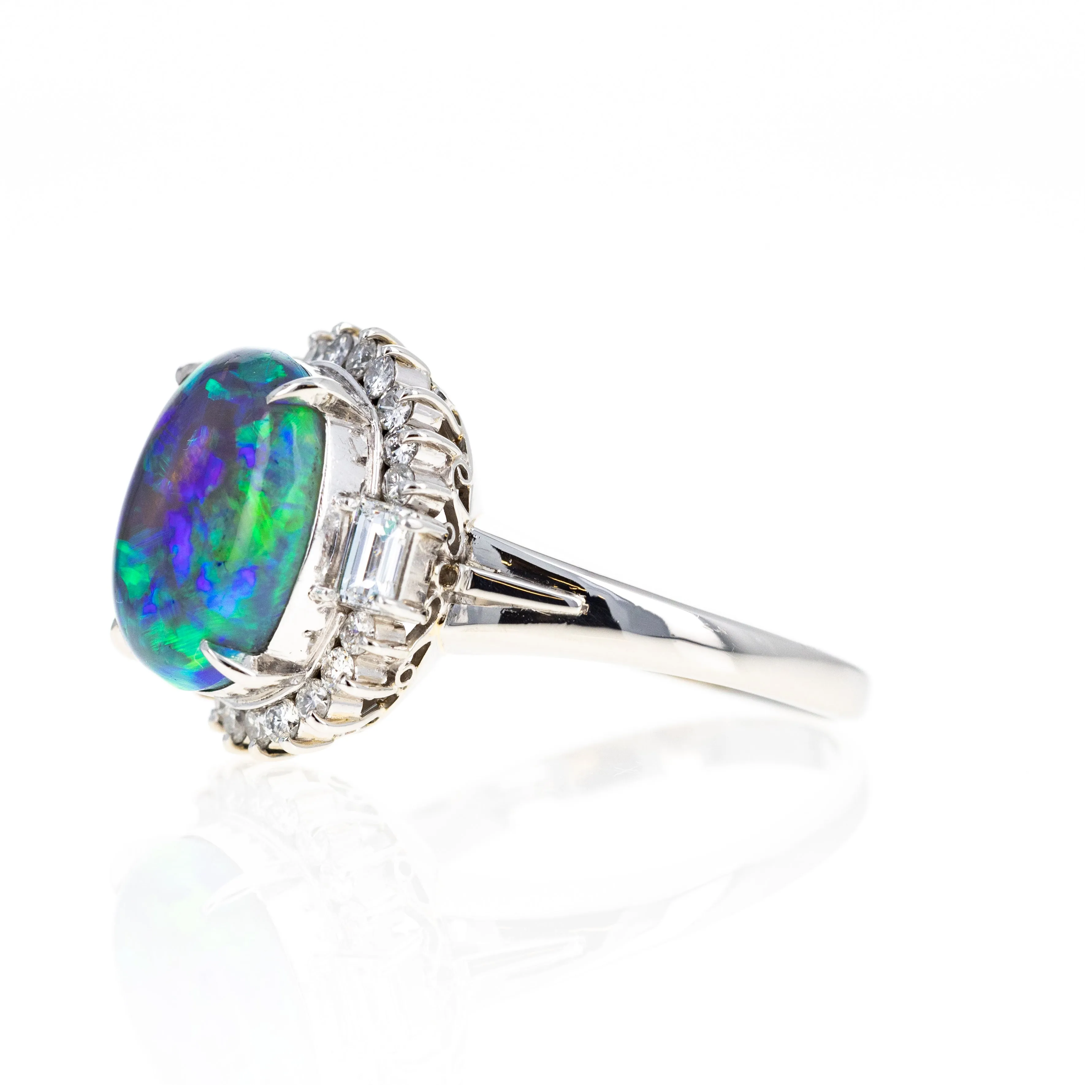 Platinum 4.13 Carat Black Opal Diamond Halo Ring