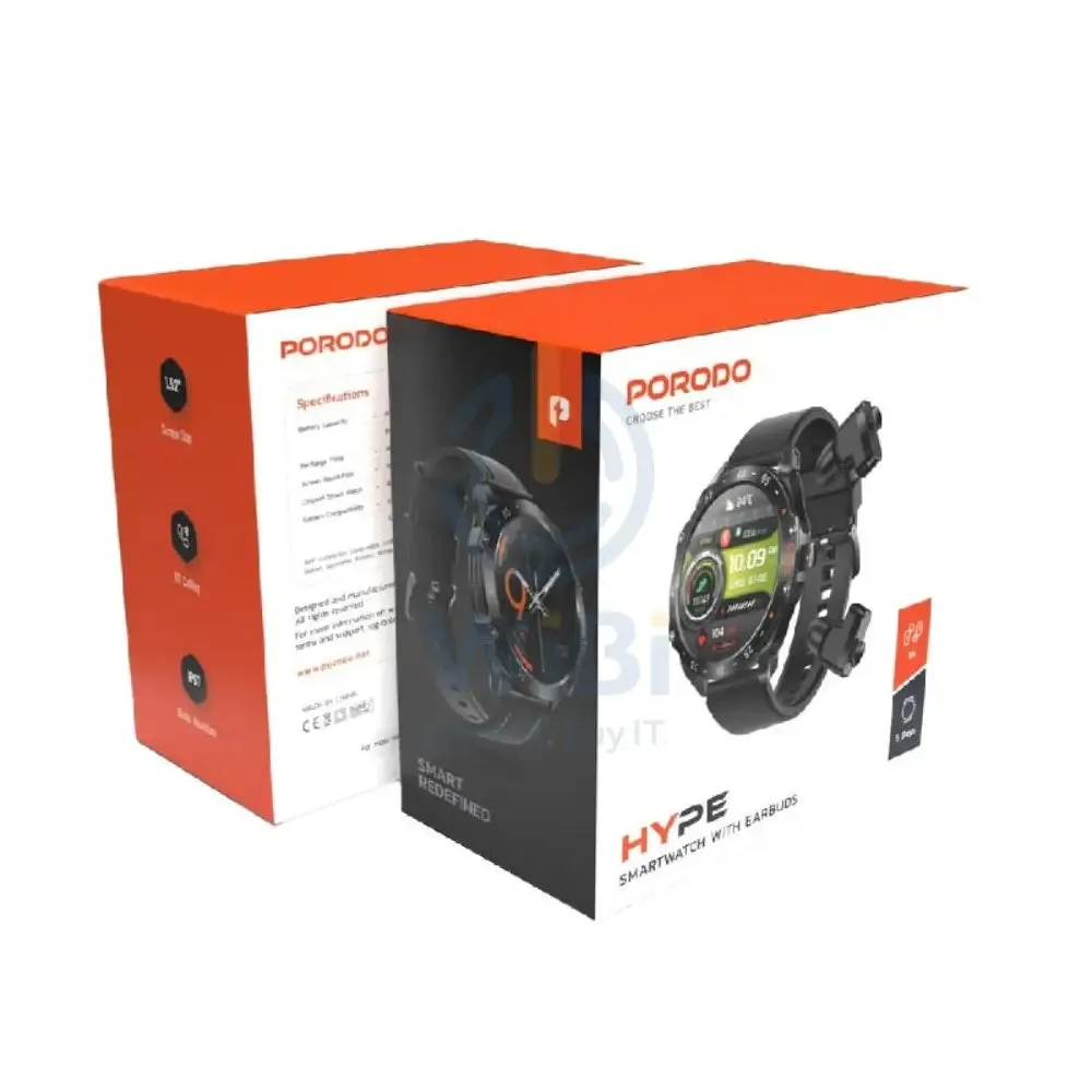 Porodo Hype Smartwatch With Earbuds - 400mAh / Black