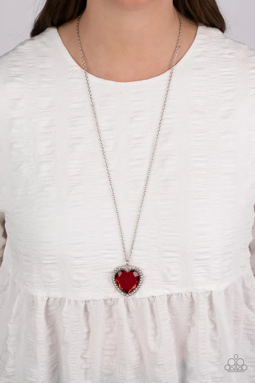 Prismatically Twitterpated - Red - Large Heart Gem White Rhinestone Halo Paparazzi Long Necklace