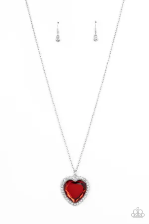 Prismatically Twitterpated - Red - Large Heart Gem White Rhinestone Halo Paparazzi Long Necklace