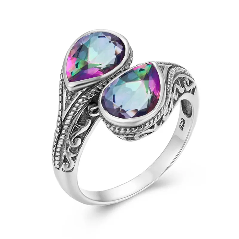 Pure 925 Sterling Silver 2 Stones Womens Garnet Ring Vintage Jewelry Gothic Tear Drop