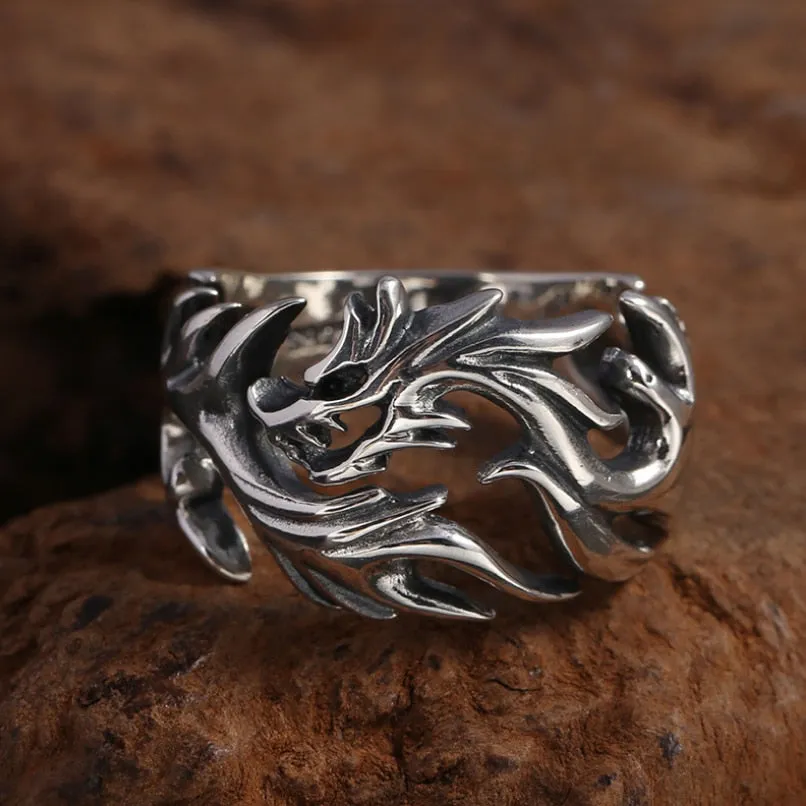 Real Silver Hollow Dragon Ring Sterling Silver Thai Silver Retro Dragon Trendy Ring Jewelry