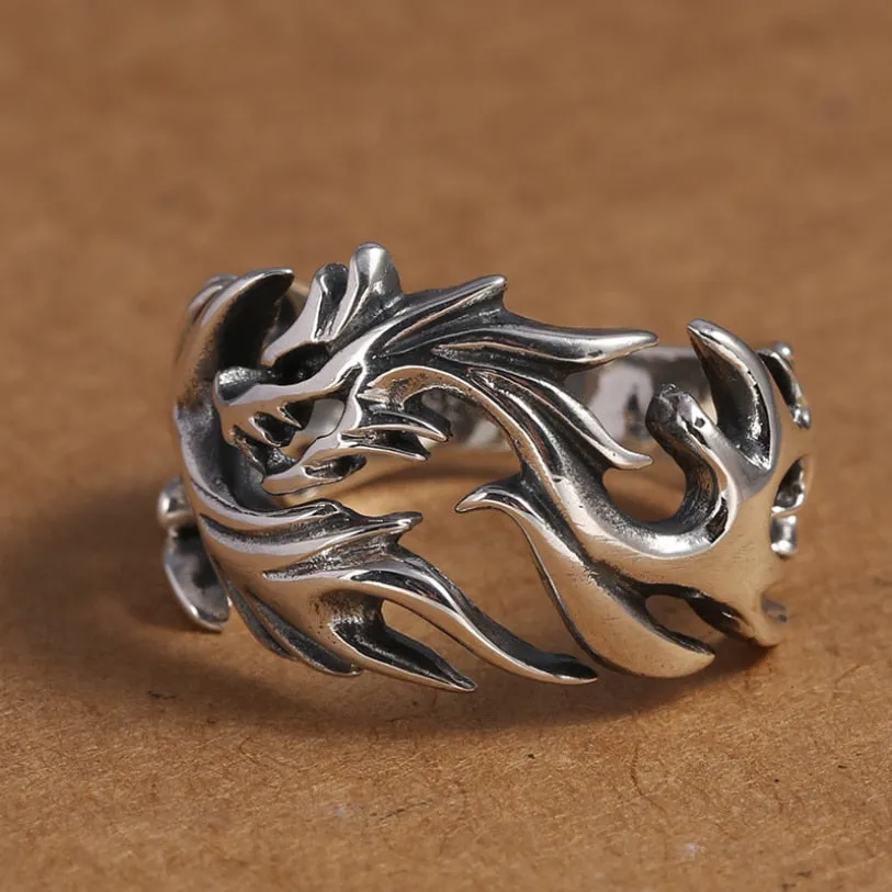 Real Silver Hollow Dragon Ring Sterling Silver Thai Silver Retro Dragon Trendy Ring Jewelry