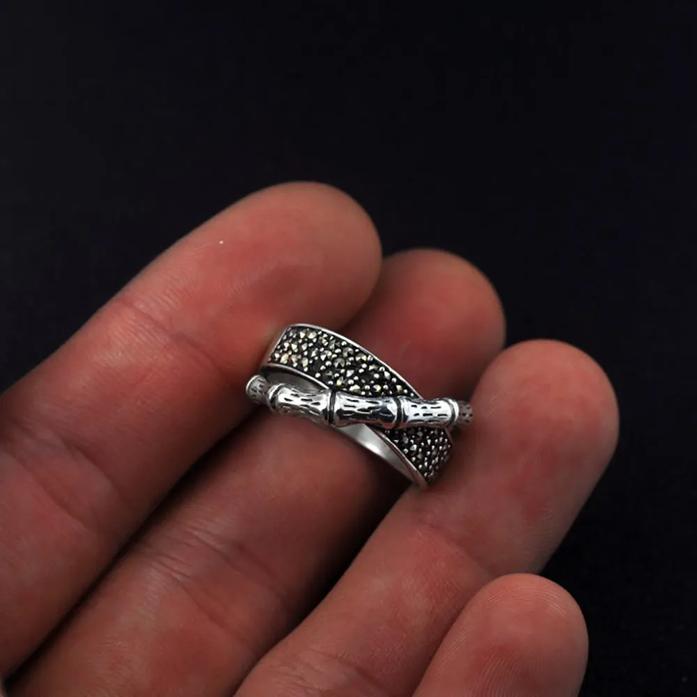 Real Solid 925 Sterling Silver Rings Bamboo Joint Cubic Zirconia Punk Jewelry Size 6-9