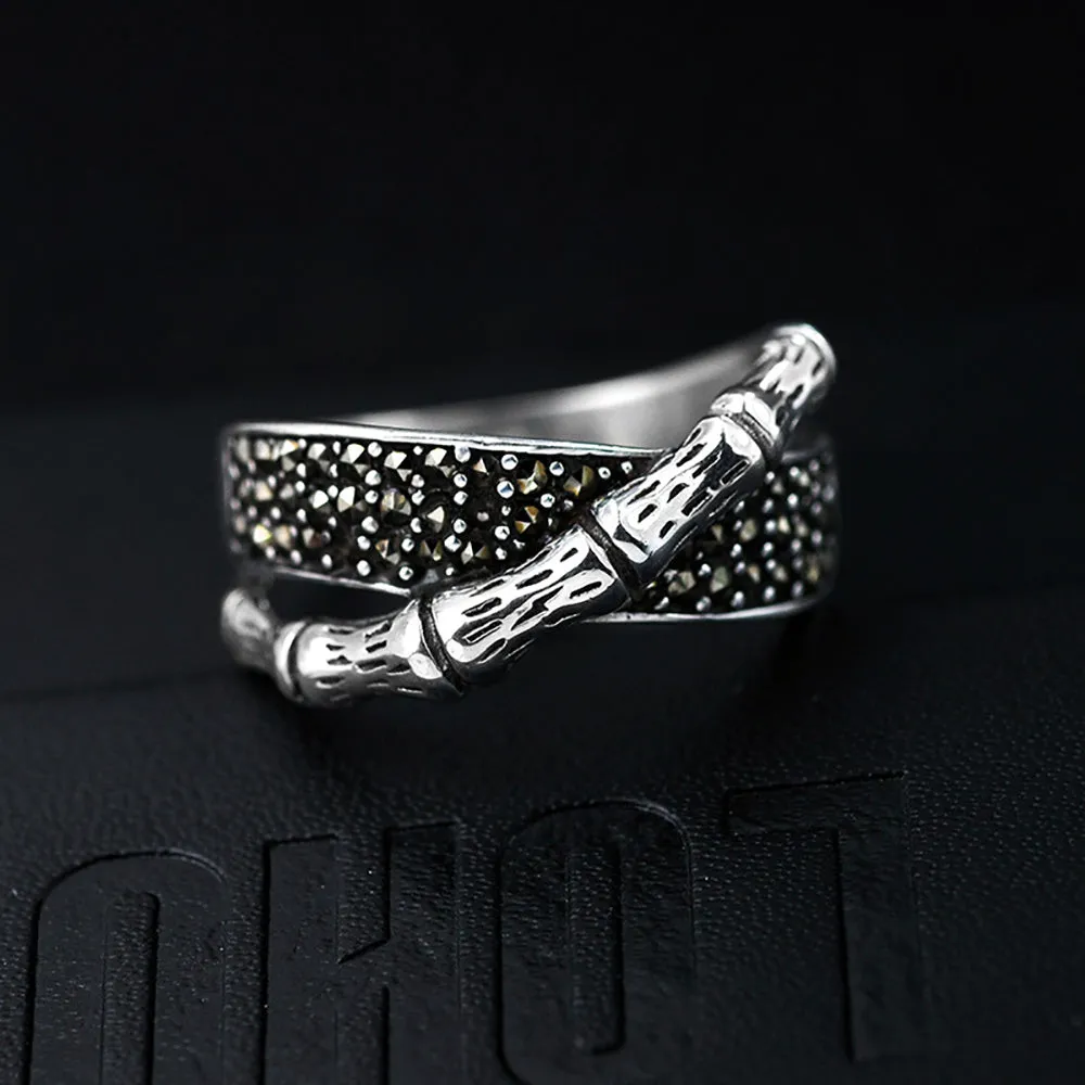 Real Solid 925 Sterling Silver Rings Bamboo Joint Cubic Zirconia Punk Jewelry Size 6-9