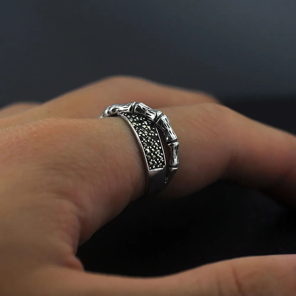 Real Solid 925 Sterling Silver Rings Bamboo Joint Cubic Zirconia Punk Jewelry Size 6-9