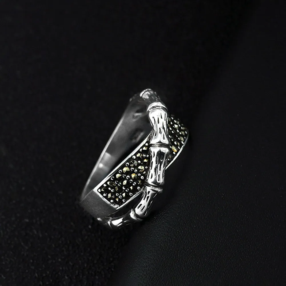 Real Solid 925 Sterling Silver Rings Bamboo Joint Cubic Zirconia Punk Jewelry Size 6-9