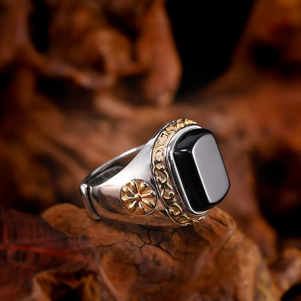 Real Solid 925 Sterling Silver Rings Black Agate Fashion Punk Jewelry Open Size Adjustable